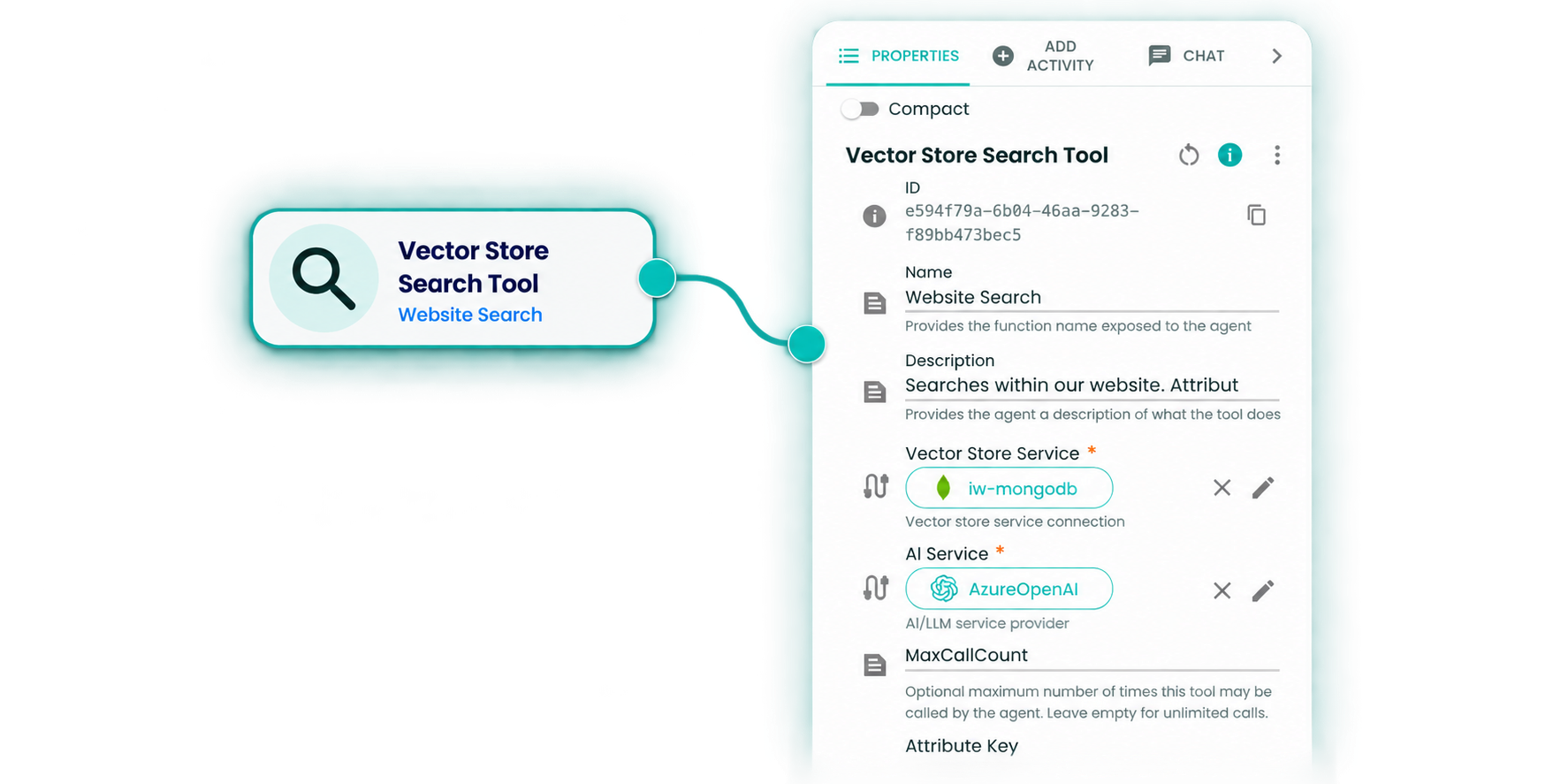 Agent activity example showing configured tools and search capabilities in orchestration.
