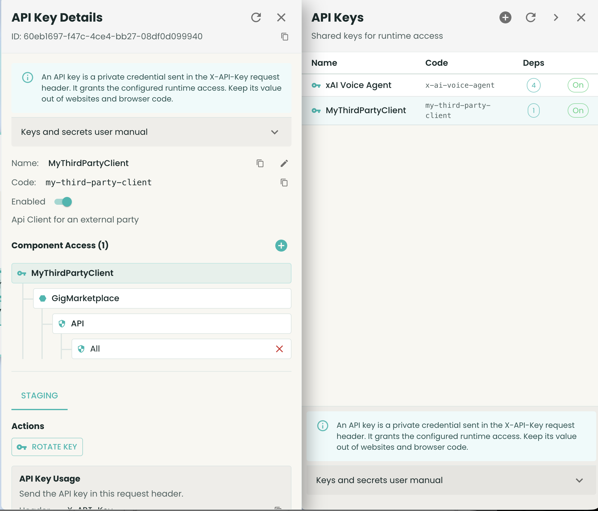 API key administration screen showing governance controls for secure key lifecycle management.