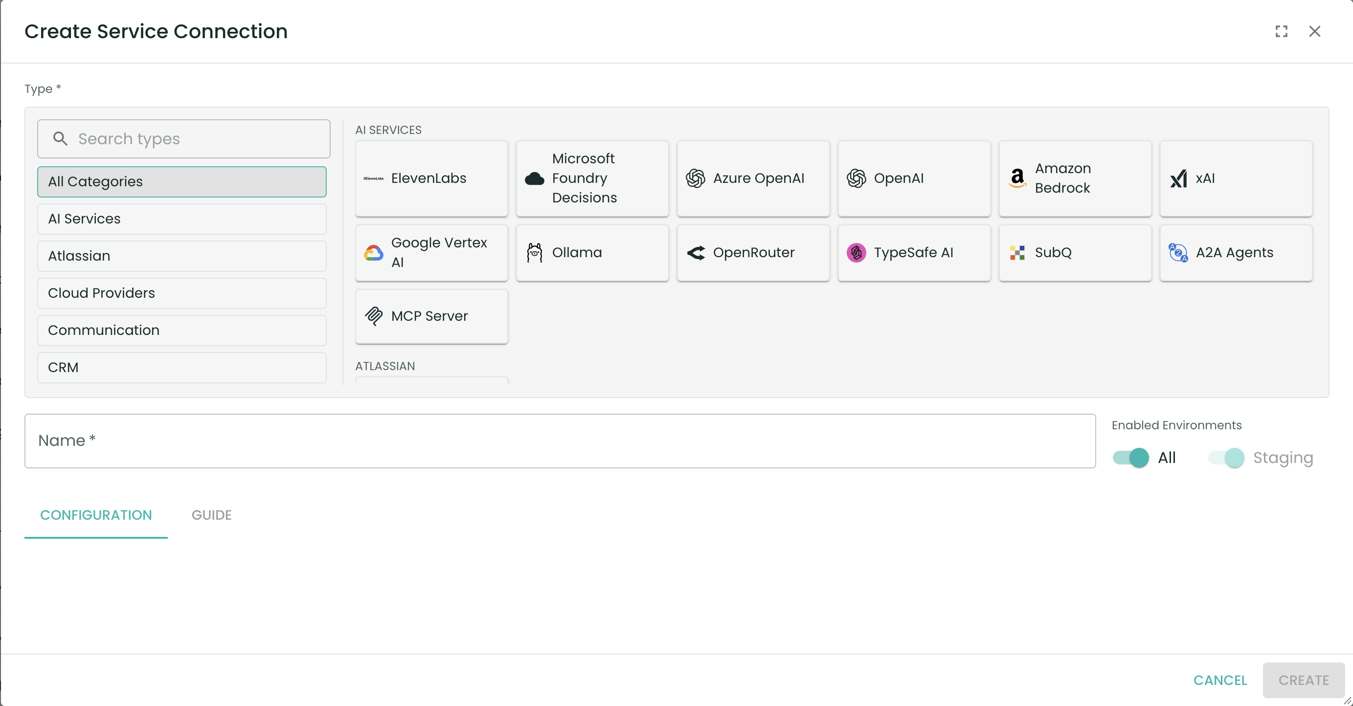 Connection creation screen showing discovery and configuration of providers for a Randol tenant.