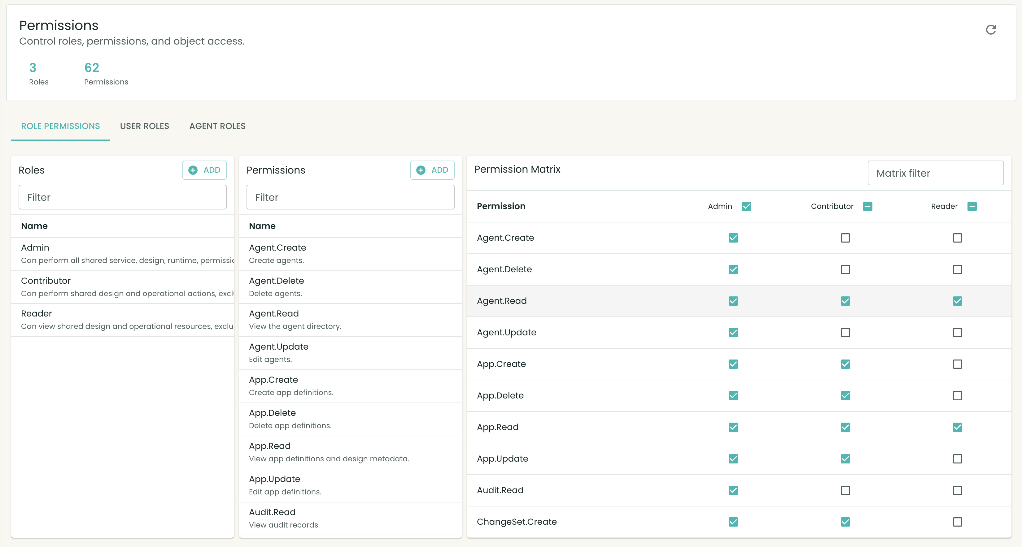 Permission management screen showing roles and permissions applied to users and agents.